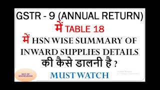 GSTR 9 (ANNUAL RETURN) में TABLE 18 HSN SUMMARY OF INWARD SUPPLIES कैसे डालनी है WITH EXAMPLE LIVE