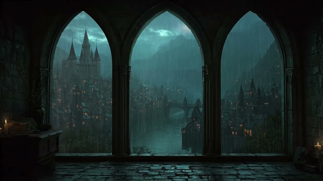 Cozy Rain and Thunderstorm in Castle Window with Flow River - Ambience, Reading, Sleep