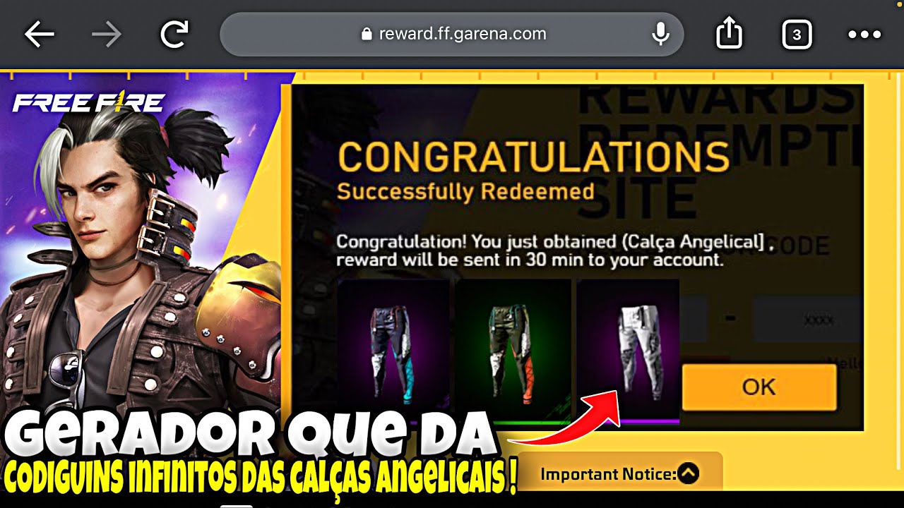 RESGATE AGORA!! CODIGUIN INFINITO DA CALÇA ANGELICAL FREE FIRE