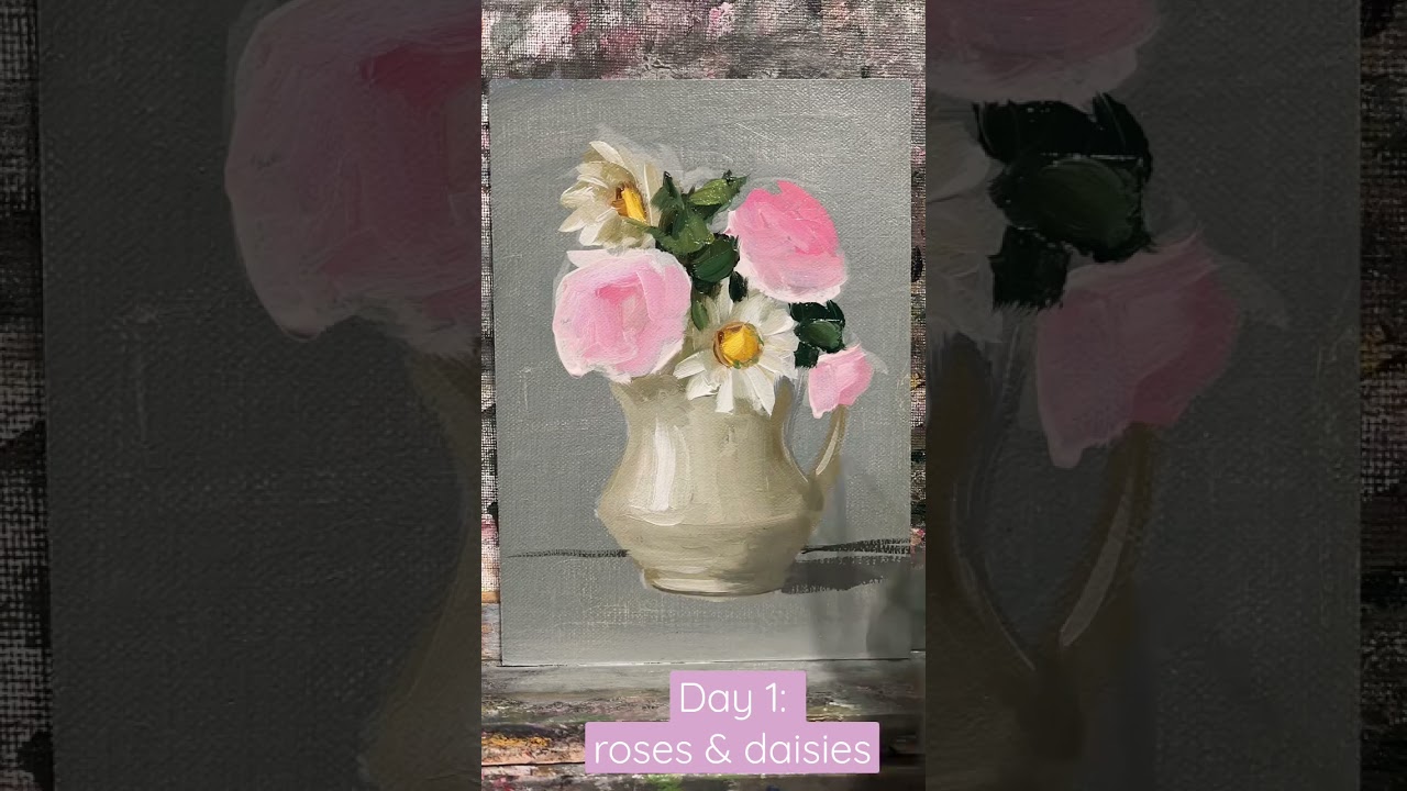 Flowers roses and daisies floral arrangement oil painting still life