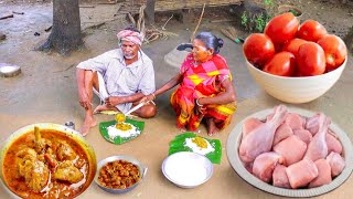 TOMATO CHICKEN CURRY prepared by santali tribe grandma and eating together || chicken curry