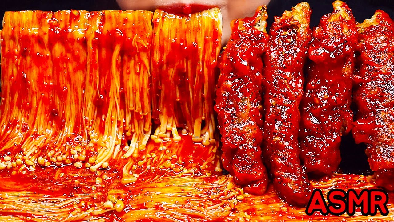 ASMR तली हुई मिर्च, कुकुरमुत्ता حار Lada goreng dan jamur pedas RECIPE Enoki Mushroom Hot peppers 버섯