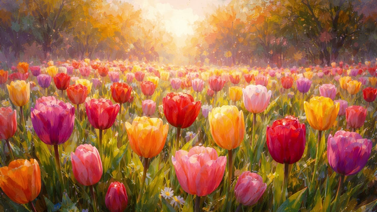 Tulips Meadow 4K Wallpaper | TV Wallpaper Art | Elegant Spring Screensaver | Colourful and Relaxing