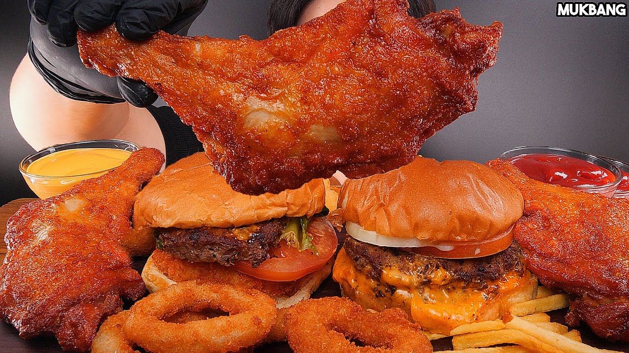 ASMR MUKBANG | Burgers 🍔 Fried Chicken 🍗 EATING 프랭크버거 햄버거 통다리 치킨 소스 퐁당! 먹방