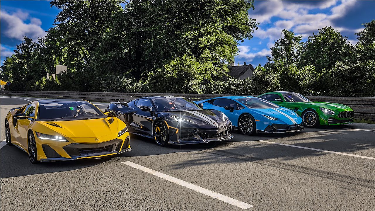 Forza Motorsport Drag race: Acura NSX Type-S vs C8 Corvette E-Ray vs Huracan Evo vs Mercedes AMG GTR