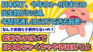 【2ch面白いスレ】日本終了、今年の1〜9月までの出生数が3%減、年間見通しは65万で過去最悪…【ゆっくり解説】
