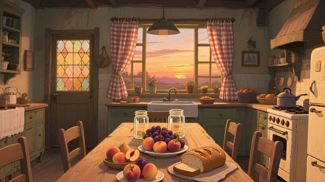 A 1950s Kitchen at Sunset — Golden Light on Checkered Floors, Quiet Dishes, and Evening Calm