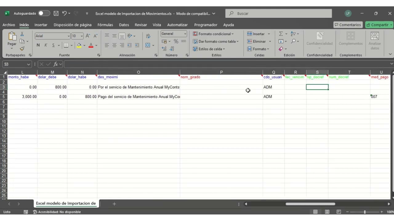MyContsys Importación de Excel de Movimientos