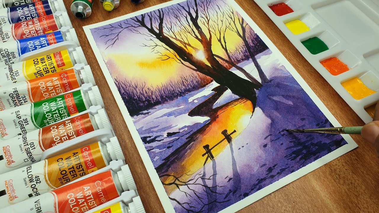 Watercolor painting For Beginners I Watercolor Landscape । easy watercolor  । #জলর…