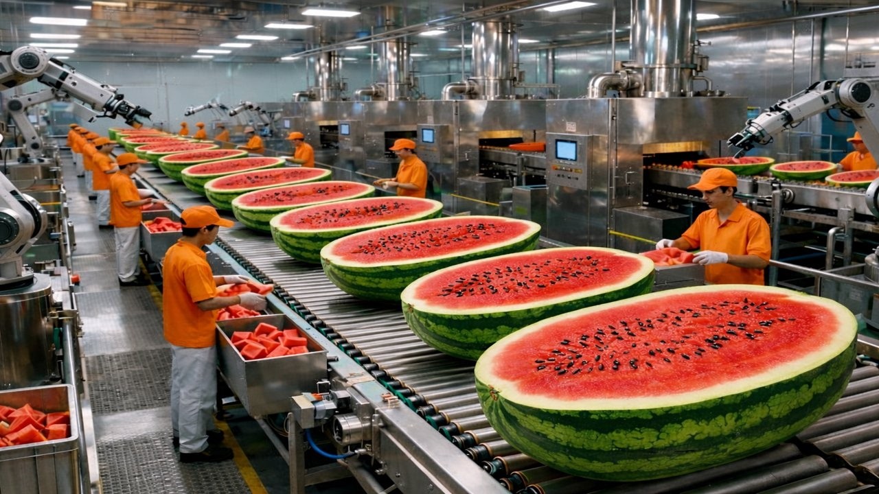 Inside a Modern Billion Dollars US Factory: From Whole Melons to Sweet Red Juice (Full Process)