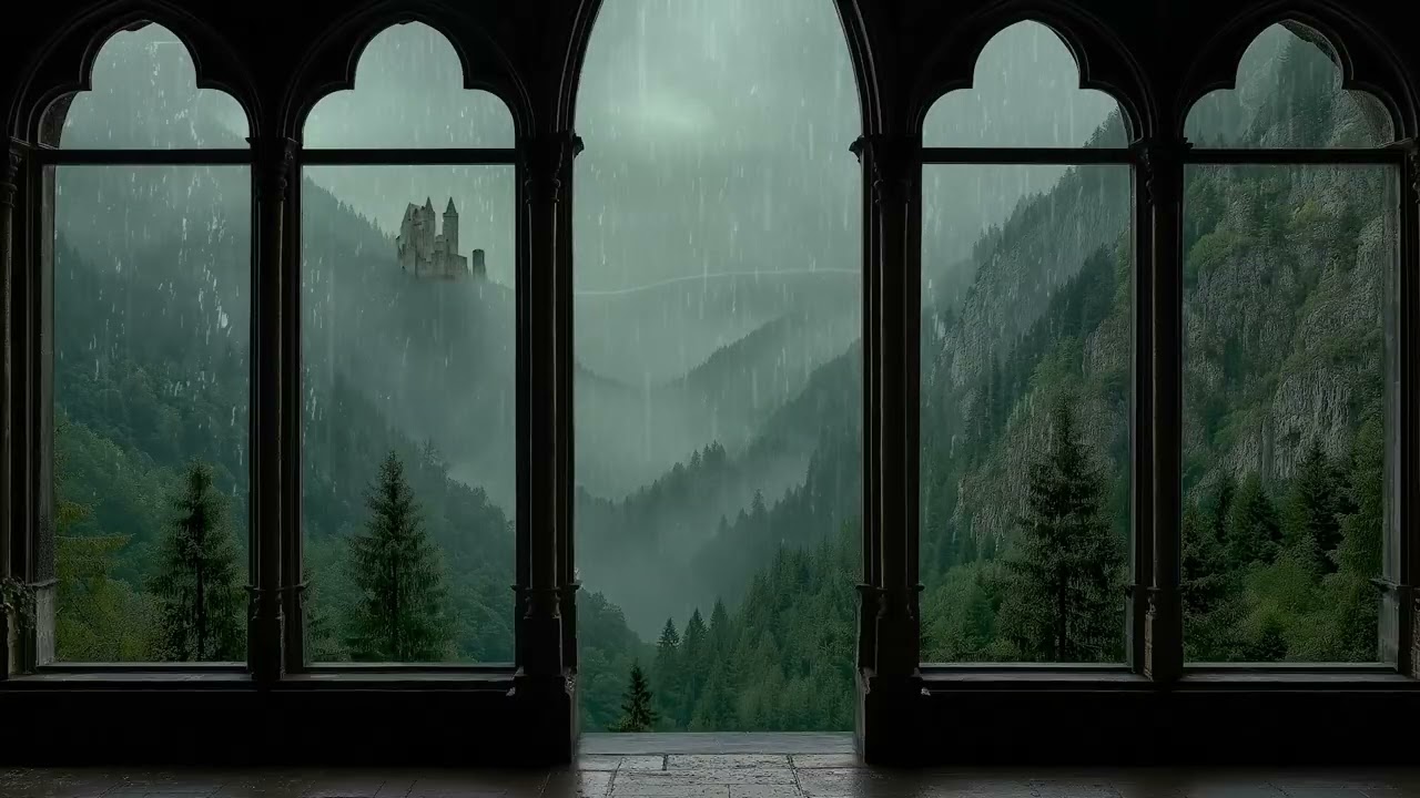 Rainy Medieval Castle Window POV | Soft Thunder & Rain Sounds | Cozy Ambience for Reading & Focus