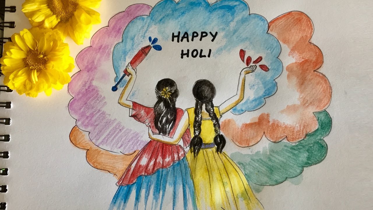 Holi drawing easy How to draw two best friends playing holi festival