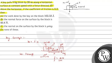 A boy pulls \( 5 \mathrm{~kg} \) block by \( 20 \mathrm{~m} \) along a horizontal surface at con...