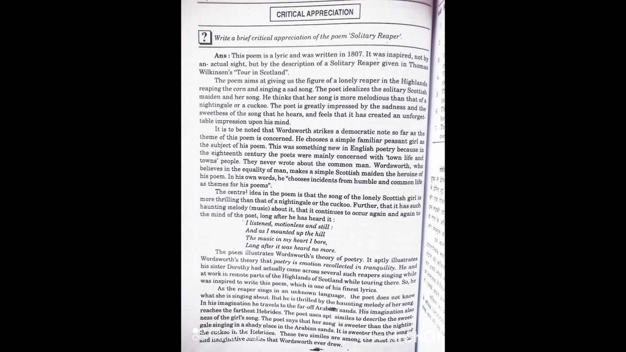 Solitary Reaper Poem Summary Critical appreciation