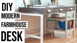 Full step by step tutorial and access to FREE plans for this modern farmhouse desk. It has lots of storage with 3 large drawers and 2 