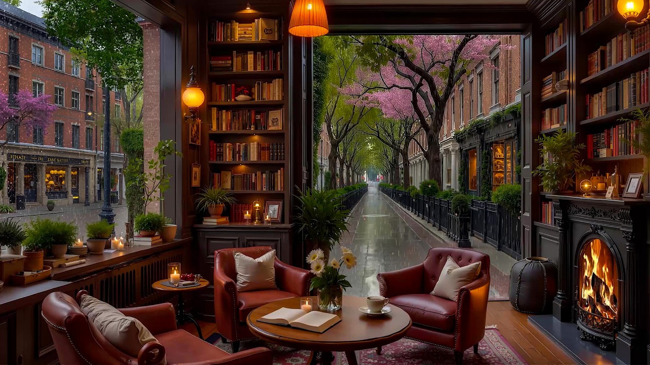 Rainy Jazz Spring Coffee Shop ☕ Smooth Jazz Piano & Gentle Fireplace Ambience