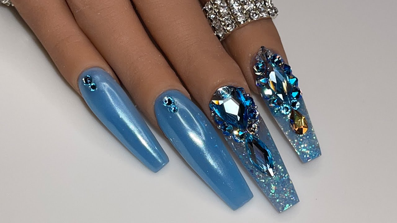 Blue Ice Chrome Swarovski Nails | Polygel + Builder Gel + Gel Polish