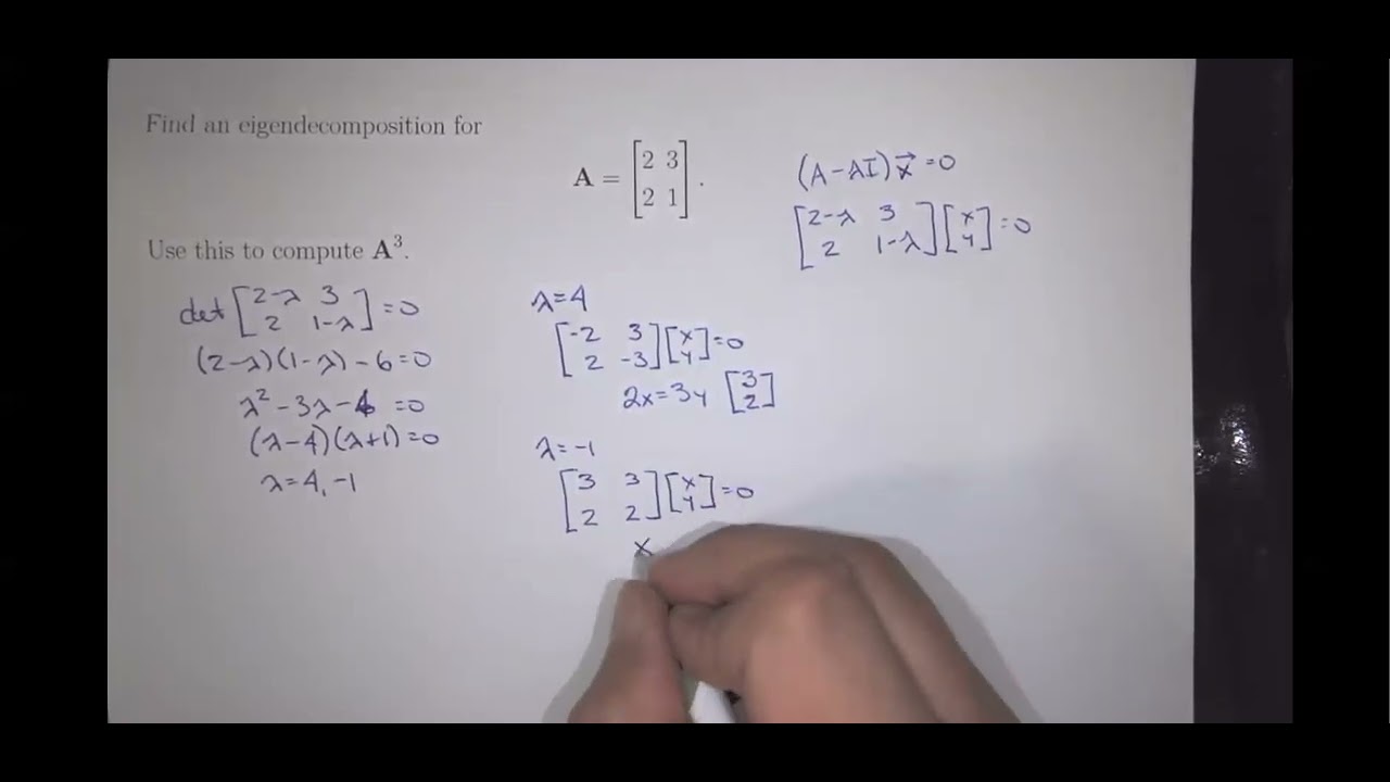Find an eigendecomposition for A = \begin{bmatrix}2&3\\ 2&1 \end{bmatrix}. Use this to compute A^3.