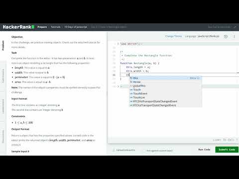 Hackerrank 10 Days of Javascript - Day 4: Create a Rectangle Object