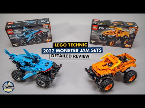 YouTube thumbnail: LEGO Technic 2022 Monster Jam 42134 &amp; 42135 detailed building review