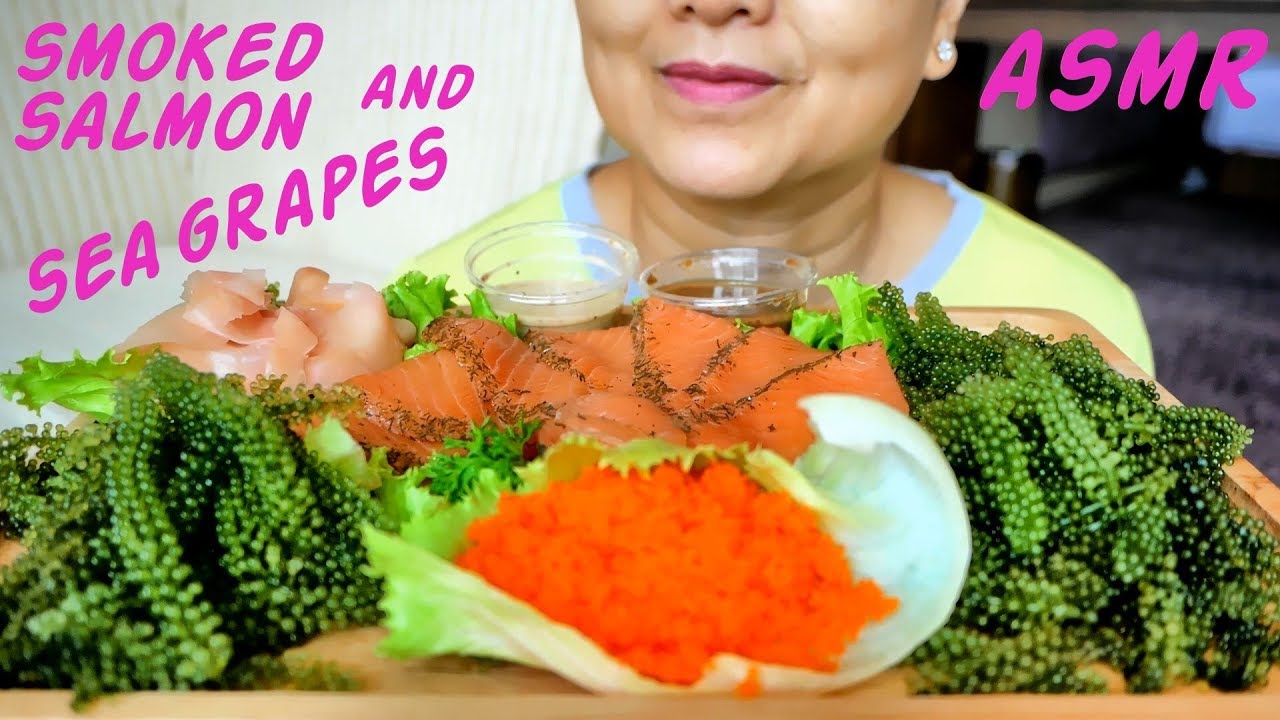 ASMR Smoked Salmon & Sea Grapes | ปลาแซลมอนรมควัน | Eating Sounds | Light Whispers | Nana Eats