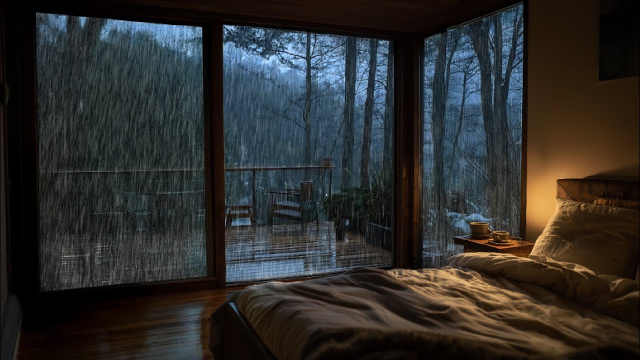 Сильный дождь на угловом окне 🌧️ Уютная атмосфера спальни для глубокого сна, учебы и концентрации.