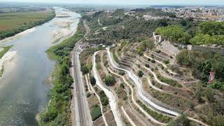Drone video of old town Santarem Portugal to the valley...