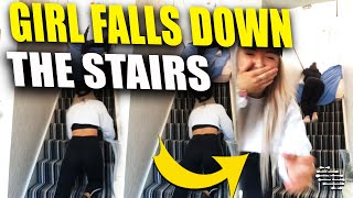 Girl Falls up the Stairs as Her Friend Slides After Laughing About How She Looks