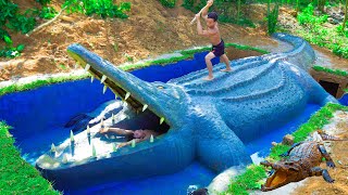 Top 10 Works Build Swimming Pool Water Slide Crocodile Around Secret Underground House  full