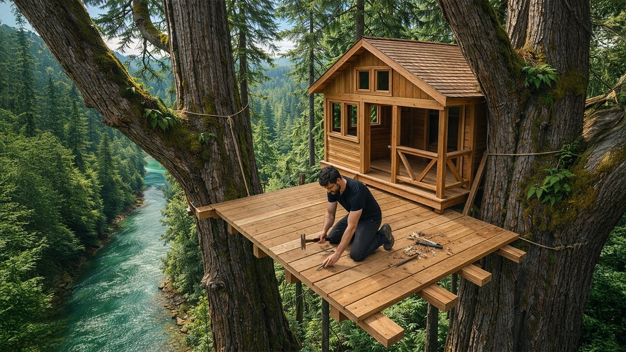 Building a COZY Treehouse Cabin on 2 GIANT TREES (Full Build)