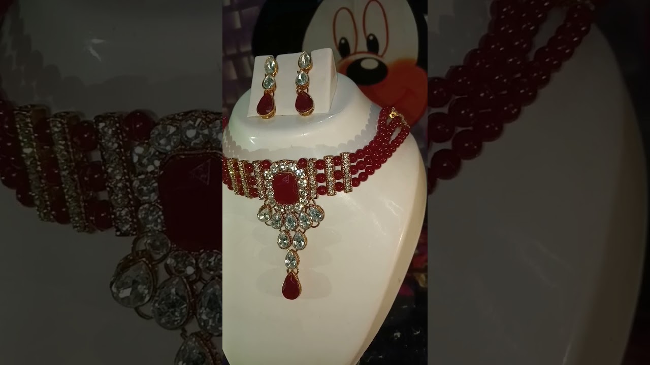 Somya Jewellery Show Red crystal beads and  White Stone Fashionable Necklace choker Set