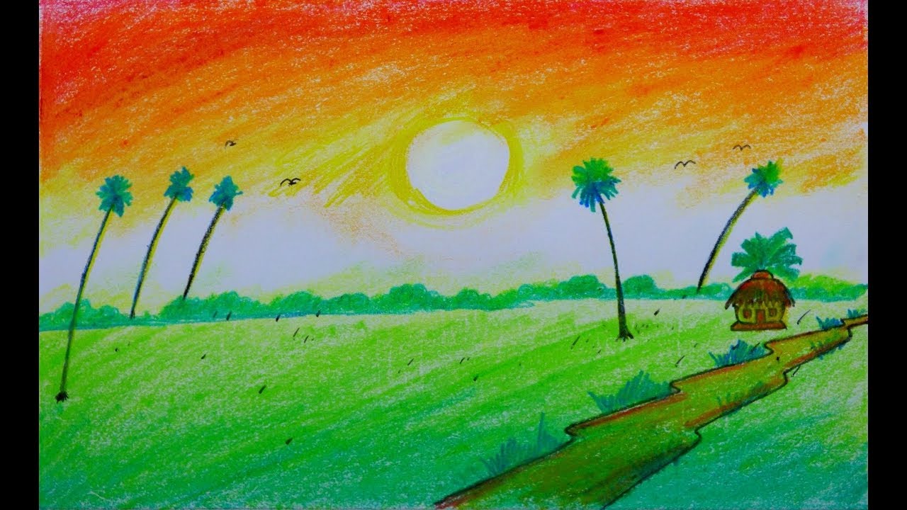 how to draw a Village scenery based on Indian flag for School project