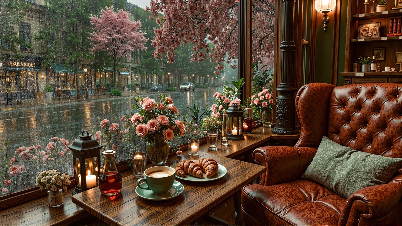 Rainy Spring Jazz Café - Cozy Window Ambience & Relaxing Jazz Instrumental for Study & Unwind