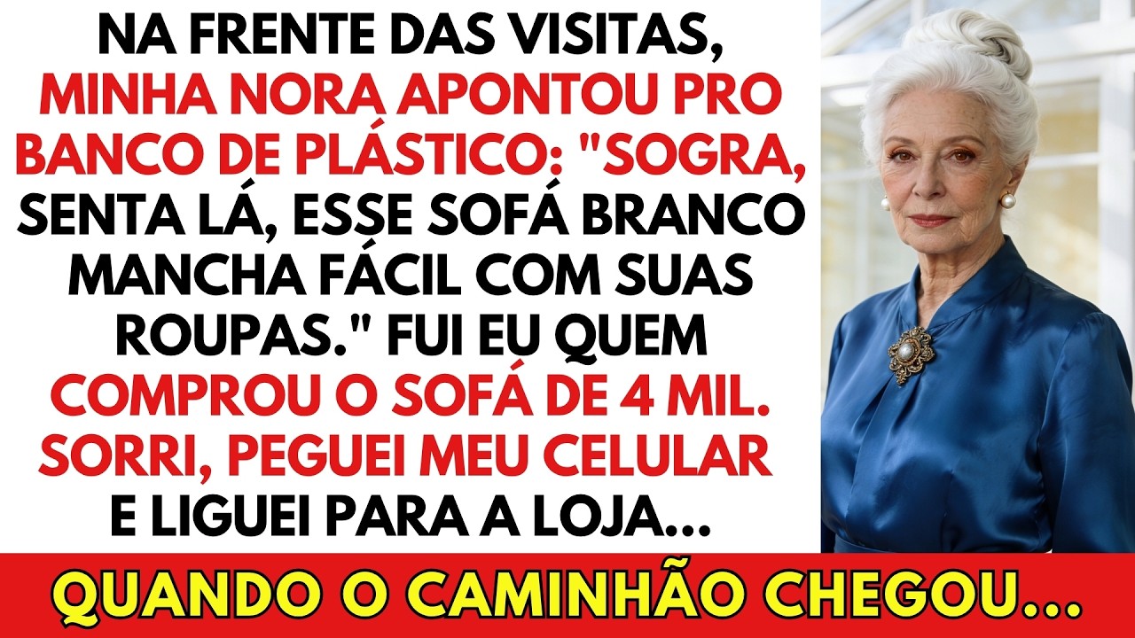 Naquela tarde, minha nora me apontou o banquinho de plástico encardido perto da lixeira e disse: "Senta lá, sogra, esse sofá branco mancha fácil com as suas roupas." Eu tinha 69 anos, tinha...