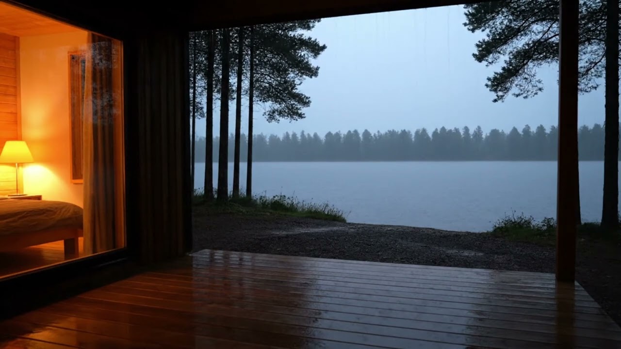 Gentle Rain on Cozy Lakeside Cabin Terrace with Soft Thunder for Deep Sleep (10 Hours)