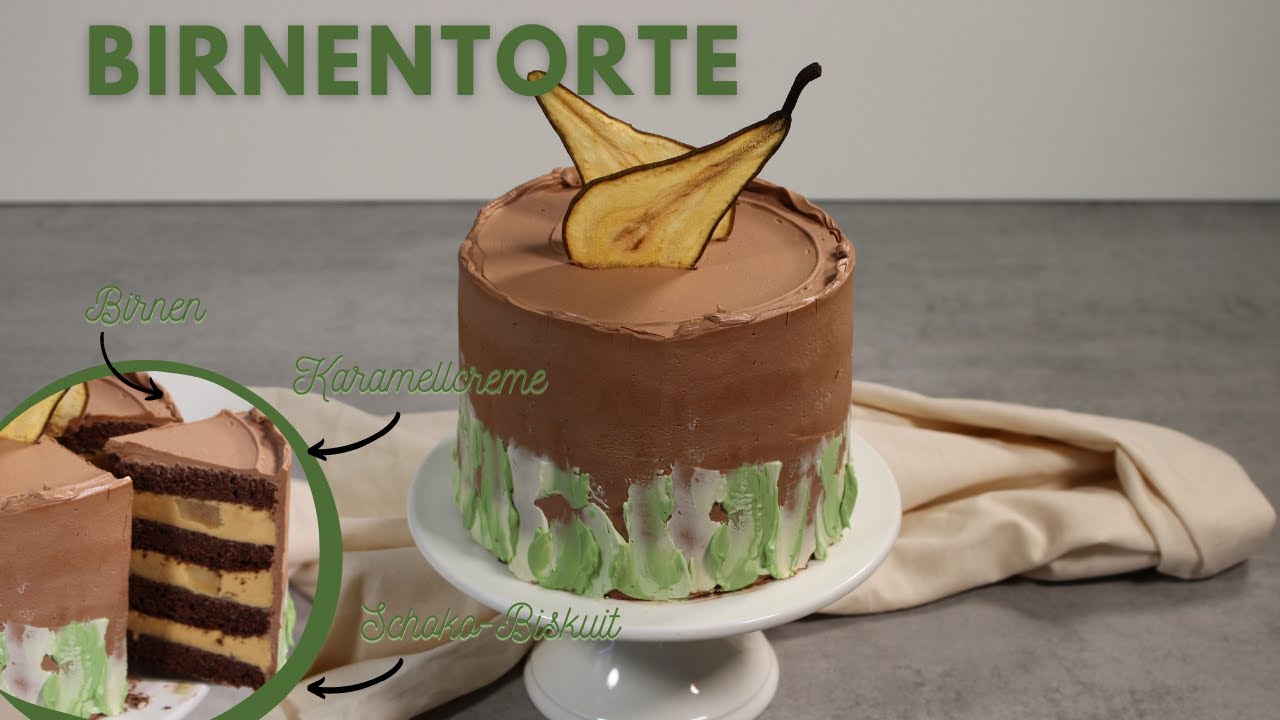 Birnentorte mit Schokobiskuit und Karamellmousse - YouTube