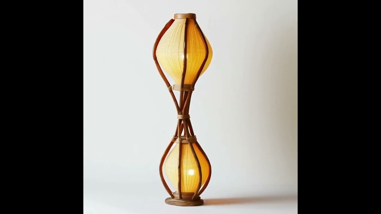 This handcrafted rattan floor lamp is presented with a unique hourglass double lampshade design