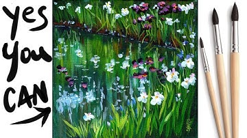 IRIS FLOWERS AND POND Beginners Learn to paint Acrylic Tutorial Step by Step Day 6 #AcrylicApril2021