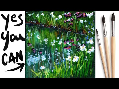Easy Iris Flowers in a Pond Step by step Acrylic Tutorial Day  #6 AcrylicApril2021​​ | TheArtSherpa