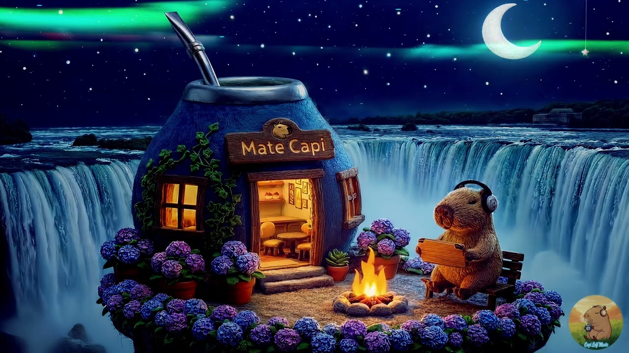 You need a break 🌧️ Late Night Waterfall Lofi Chill Hop Under Borealis to Clear Your Mind Cozy Cafe