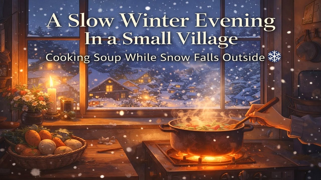 A Slow Winter Evening in a Small Village — Cooking Soup While Snow Falls Outside ❄️