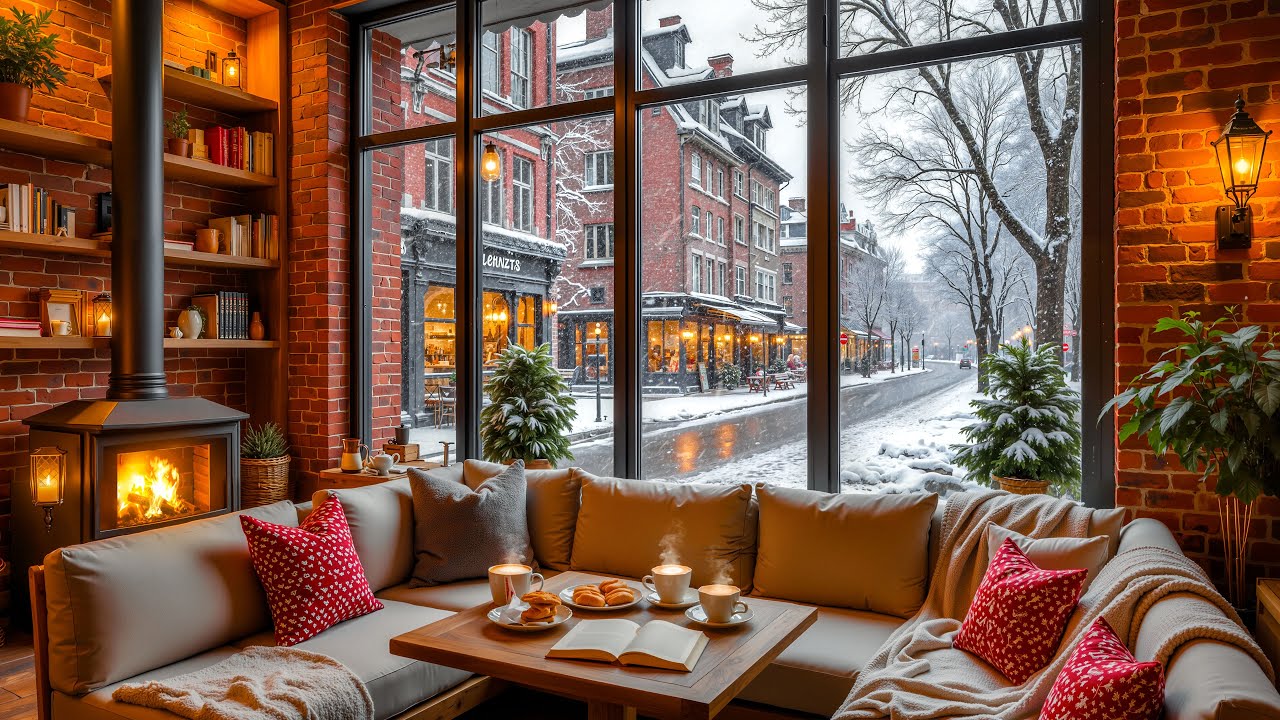 Winter Jazz Café ❄️ Cozy Fireplace Background | Chill Jazz Music for Study, Work & Focus