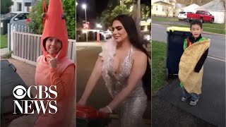 People around the world are taking out their trash in formal wear and costumes