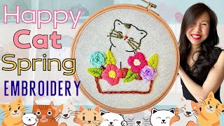 Happy Cat in Springtime Embroidery | How to embroider a Cat and Flowers | Spring Embroidery Tutorial
