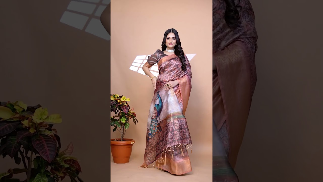 Olive Green Zari Weaving Saree – Premium Crystal with Peacock Pallu