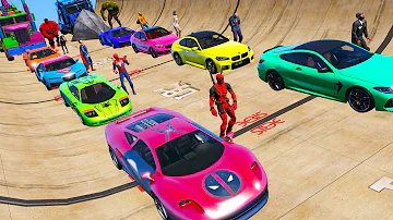 Old school cars onegamesplus on Ramp Red Hulk Spiderman Deadpool car Superheroes vs GTA 5 characters