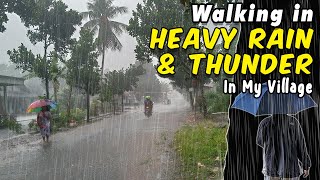 Walking in Heavy Rain and Thunderstorm in My Village | ASMR Sounds for Sleeping
