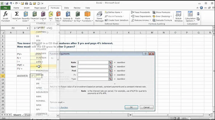 Calculating FV (Future Value) Time Value of Money Problems using Excel