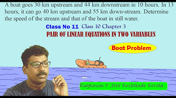 Boat problem Exercise 3.6 Class No 11 PAIR OF LINEAR EQUATIONS IN TWO VARIABLES emaths