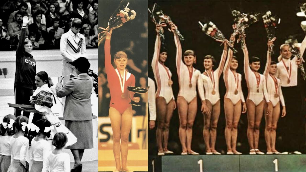 Советская олимпийская гимнастка. Советские спортсмены на пьедестале. Советские гимнасты 80 годов.